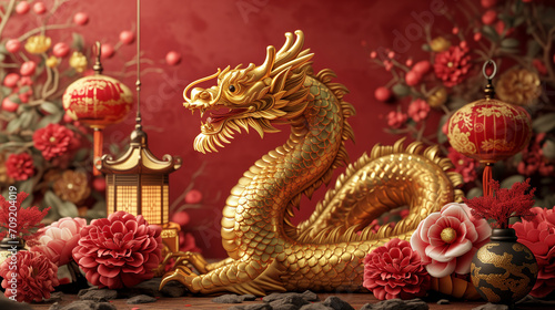 Wallpaper Mural 3d rendering illustration background for happy chinese new year 2024 the dragon zodiac sign with red and gold color, flower, lantern, and asian elements. Translation : year of the dragon 2024  Torontodigital.ca