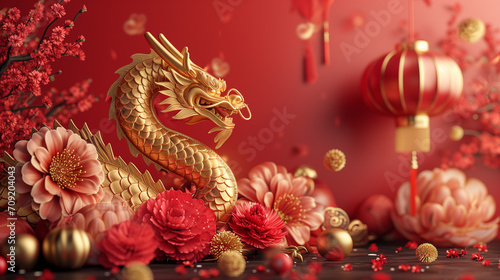 3d rendering illustration background for happy chinese new year 2024 the dragon zodiac sign with red and gold color, flower, lantern, and asian elements. Translation : year of the dragon 2024  © Sweetrose official 