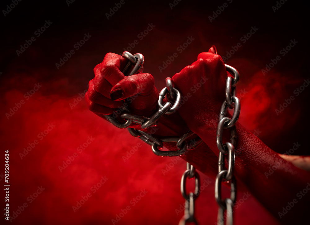 bloodied hands clenched into fists in the shackles of a metal chain
