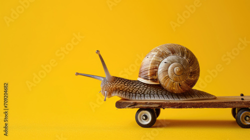 Speedy snail with wheels on yellow background. Concept of speed and success. Speed increase, reptile courier delivery, transportation, efficient fast movement, time saving fast delivery concept photo