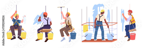 Window cleaning workers at work at height set vector illustration. Cartoon isolated front, side and back views of industrial climbers and alpinists with security belts and helmets washing glass