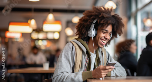 Smiling young African American male in a bustling cafe finds a musical oasis, epitomizing the concept of "Urban Beats.