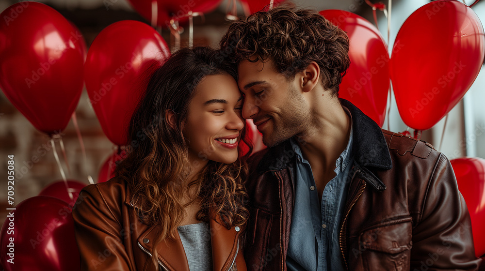 romantic portrait of couple with red balloons in the background romantic portrait of couple with red balloons in the background