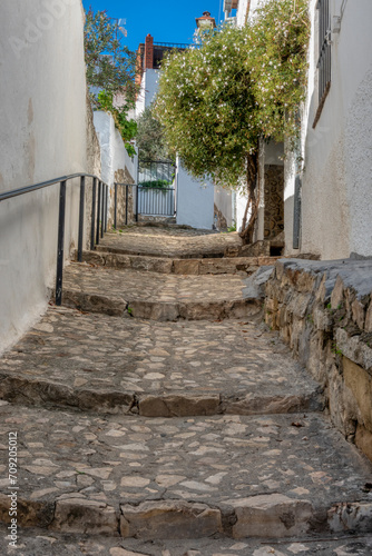 Narrow street with steps in Jimena de la Frontera, a pretty town in the province of Cadiz, Andalusia, Spain © juanorihuela