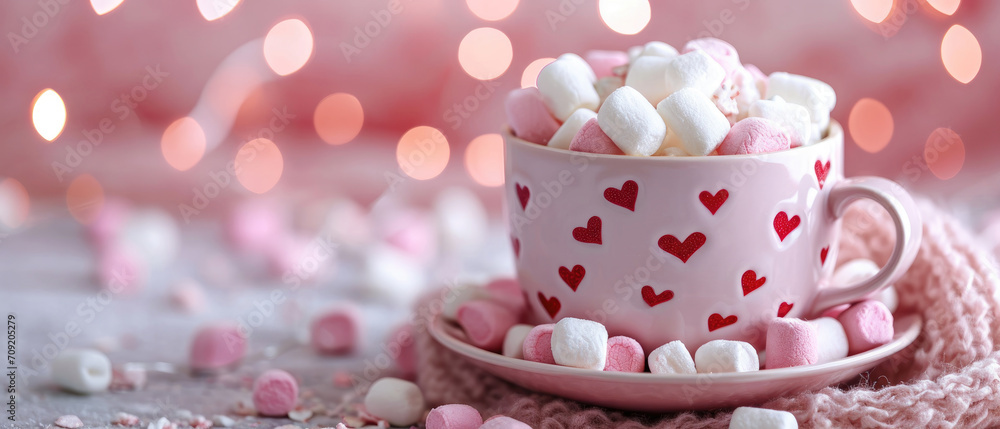 Pink mug on a pink background filled with marshmallows in the form of hearts. Valentine's day holiday concept