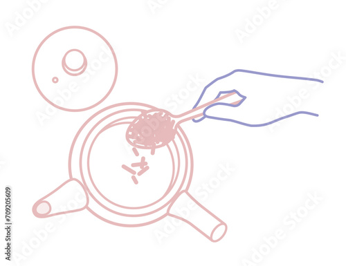ベクターイラスト:急須にスプーンで茶葉を入れる手_線画