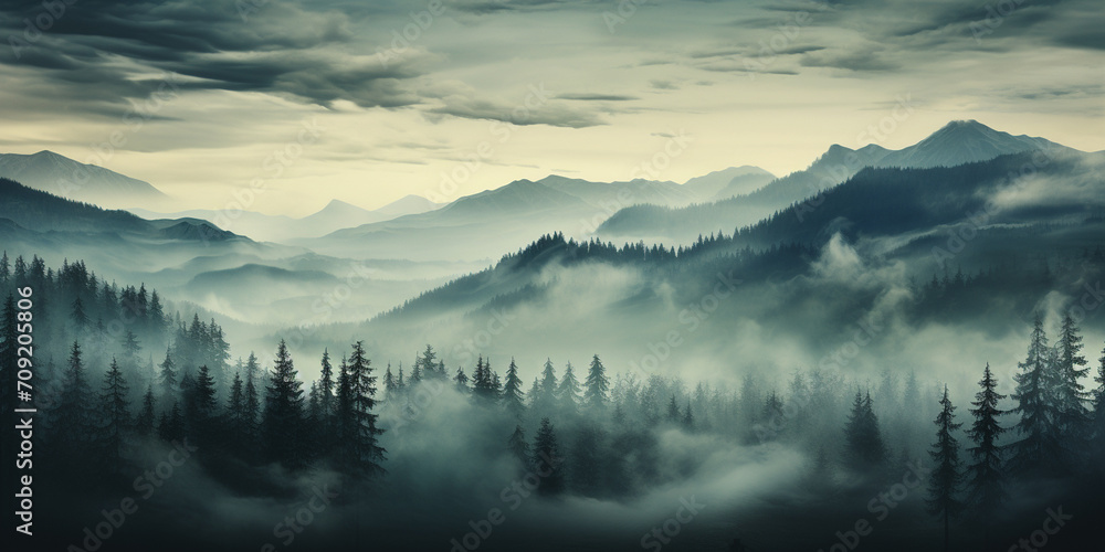Lush Evergreen Forest in Enigmatic Misty Sky Foggy shroud wrapped around rugged majestic mountain towering trees enveloped in fog Foggy morning Adventure outdoor Nature Disaster.