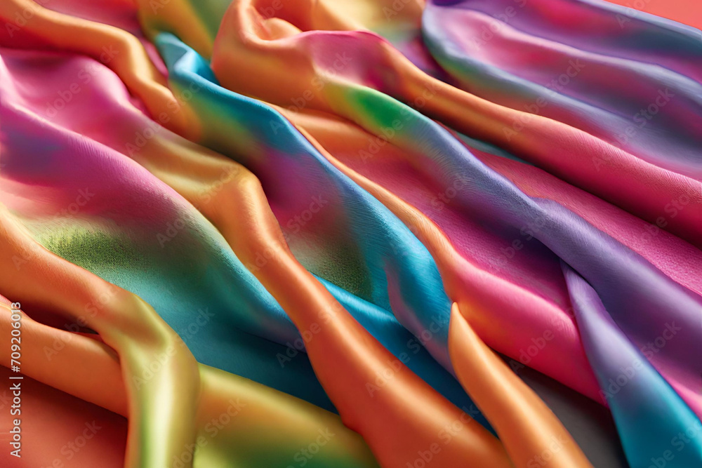 Beautiful intricately woven silk fabric in vibrant shades of rainbow cloth background. Mock up template for product presentation. 3D rendering. copy text space Beautiful intricately woven silk fabric in vibrant shades of rainbow cloth background. Mock up template for product presentation. 3D rendering. copy text space