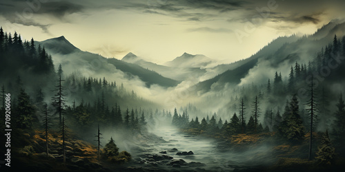 foggy weather fantasy forest in the majestic mountain with trees and mist nature beauty Exploring the Mysteries of the Forest Under Clouds panoramic view Nature Disaster.