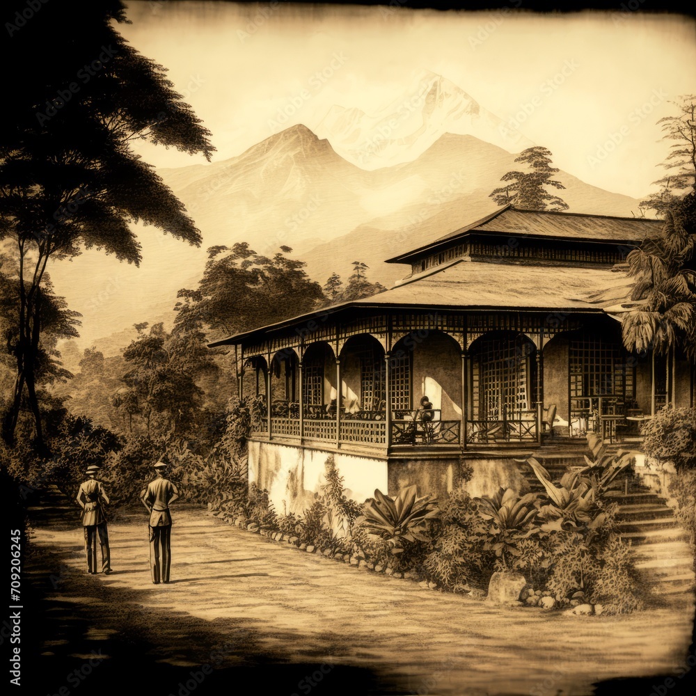 Old sepia photograph of British officers outside a dak bungalow in the Himalayan foothills with tropical vegetation and misty mountain background. From the series “The Phantom Raj.” - obrazy, fototapety, plakaty 