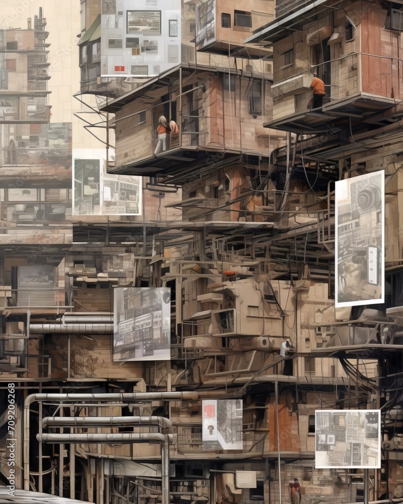 close-up colored illustration of dystopian cyberpunk stack of futuristic favela housing mixed with utility ducts and wiring under a murky yellow sky. From the series “Machine City.