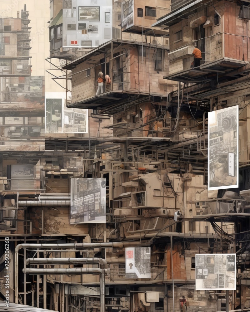 close-up colored illustration of dystopian cyberpunk stack of ...