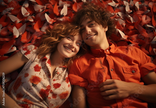 Young couple lying face up on a blanket of petals