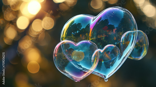 Vivid heart-shaped soap bubbles glowing in neon light reflections with a bokeh effect. Valentine day background with foam © petrrgoskov