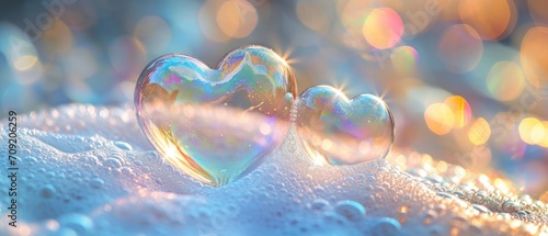 Vivid heart-shaped soap bubbles glowing in neon light reflections with a bokeh effect. Valentine day background with foam