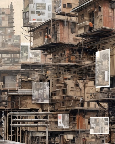 close-up colored illustration of dystopian cyberpunk stack of futuristic favela housing mixed with utility ducts and wiring under a murky yellow sky. From the series “Machine City." © Mark W Geiger