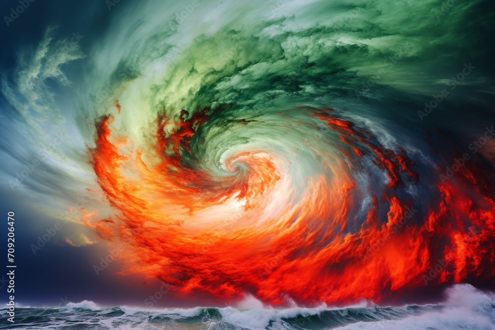 magnitude and destructive potential of a hurricane, with swirling