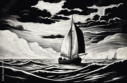 Black and white interwar linocut in book illustration style of sailboat on a gentle rolling sea under cumulus cloud. From the series “Golden Age.
