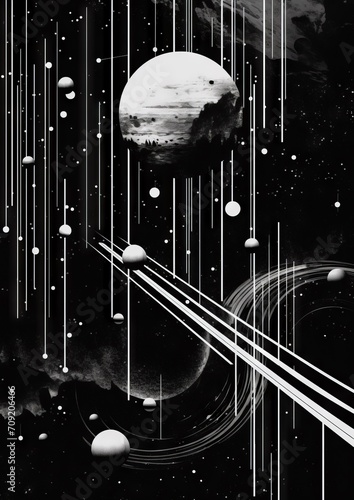 Black and white illustration of stylized retro science fiction outer space with light trails following celestial objects. From the series “Lightbox.