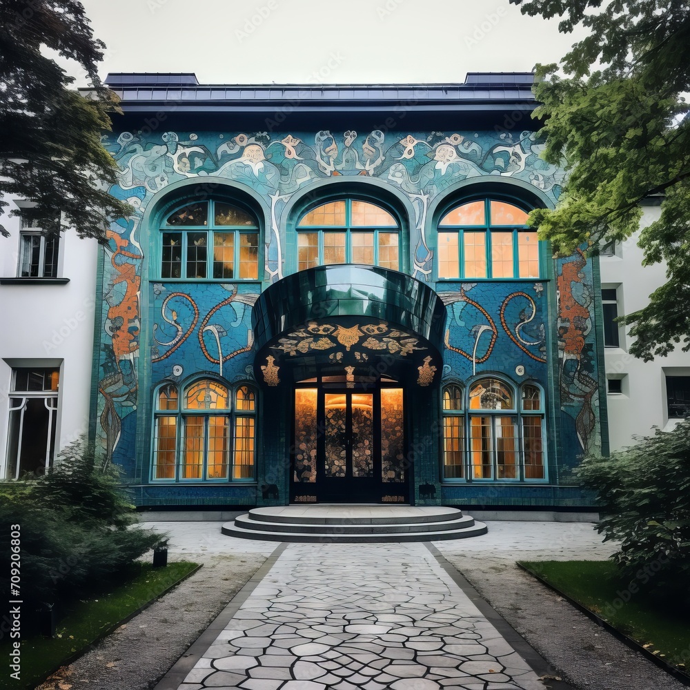 Outdoor color photograph of an ornate museum building façade and entrance, Vienna secession style, establishing shot, full shot. From the series ““Imaginary Museums.