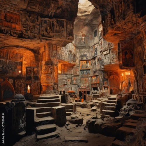 Interior color photograph of a ruined underground ancient temple with walls covered with frescoes and bas-reliefs, stone steps and cultic objects. From the series “Lost Cities of Central Asia."