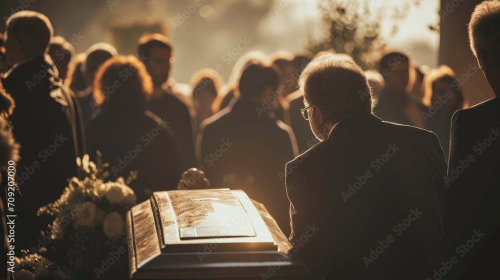 Death, funeral and coffin with family mourning, sad and depressed for grieving time. Grief together, mental health and people in black suits giving their last goodbyes at the cemetery - obrazy, fototapety, plakaty 