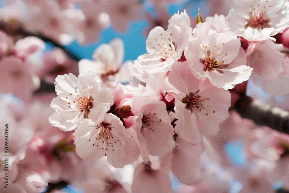 Fototapeta premium A detailed close-up of a blooming cherry blossom tree