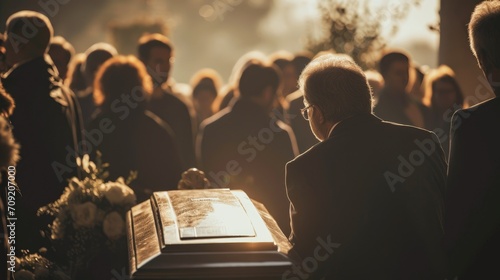 Death, funeral and coffin with family mourning, sad and depressed for grieving time. Grief together, mental health and people in black suits giving their last goodbyes at the cemetery photo