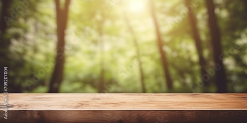 Empty wooden board on table with blurred background, suitable for displaying or montaging products. Vintage filtered image of gray wood in forest during spring season.