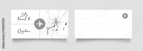 Travel Coupon to Asia China Qiqihar postcard vector illustration