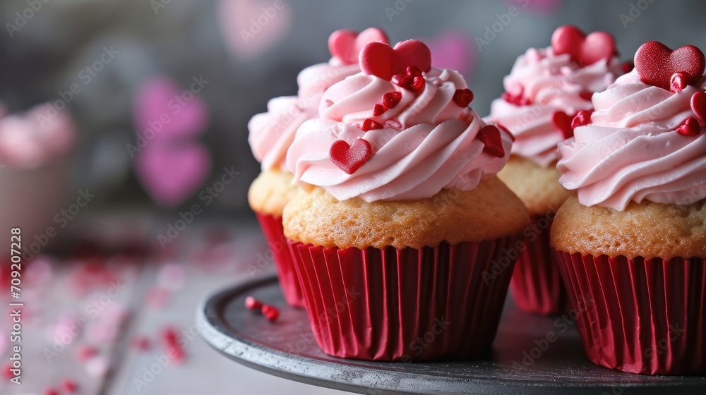 Valentine Love-themed cupcakes with red and pink frosting 