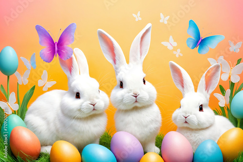 White fluffy bunnies sits on a color background next to eggs. Easter rabbits on colorful background. Cute pet studio shot. Generative Ai