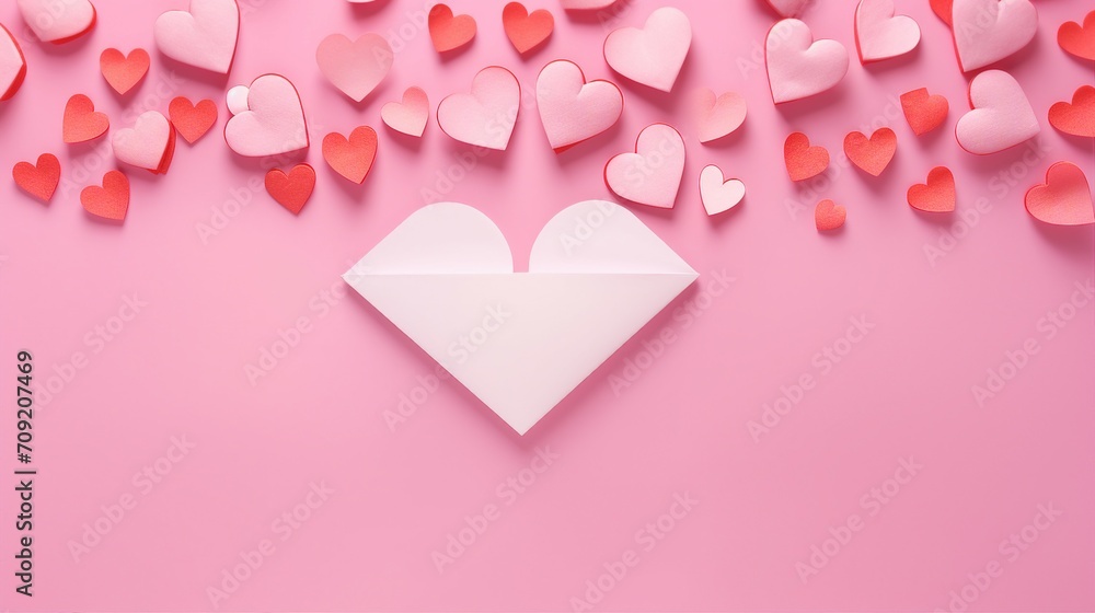 Romantic Valentine's Day Decorations with Pink Hearts on Pastel Background - Love and Celebration Concept in Beautiful Top View Composition