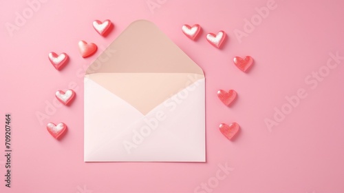 Romantic Valentine's Day Decorations with Pink Hearts on Pastel Background - Love and Celebration Concept in Beautiful Top View Composition