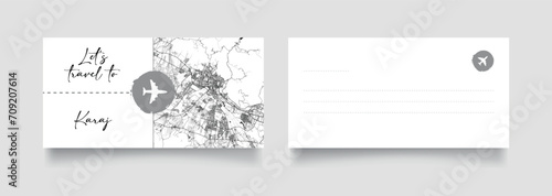 Travel Coupon to Asia Iran Karaj postcard vector illustration