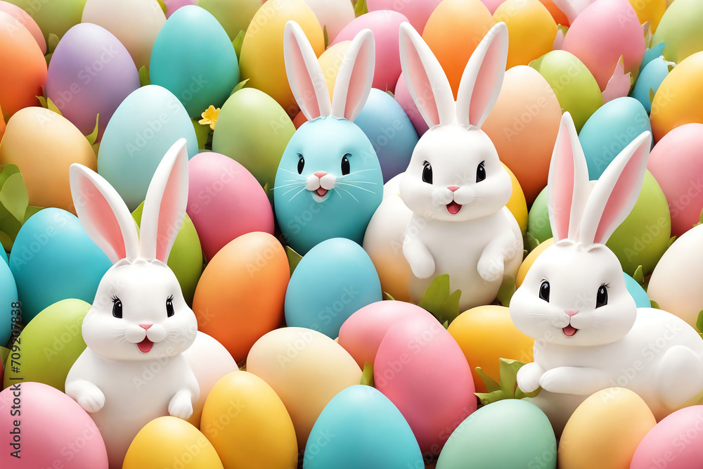 Fototapeta premium White fluffy bunnies sits on a color background next to eggs. Easter rabbits on colorful background. Cute pet studio shot. Generative Ai