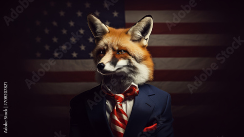 A fox in a business suit and the american flag