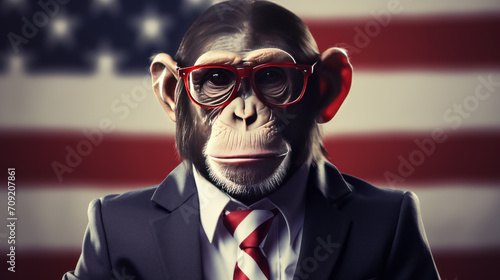 A monkey in a business suit with glasses and the american flag