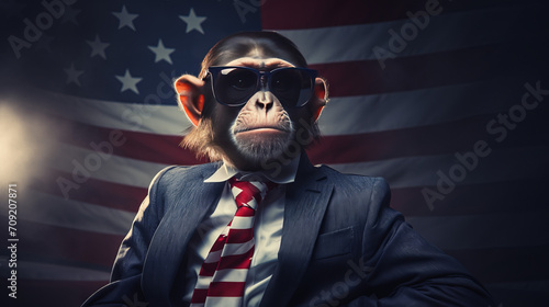 A monkey in a business suit with sunglasses and the american flag