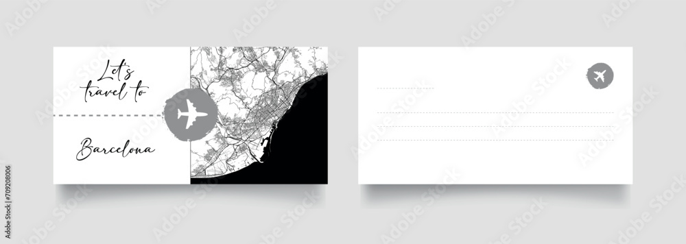 Travel Coupon to Europe Spain Barcelona postcard vector illustration