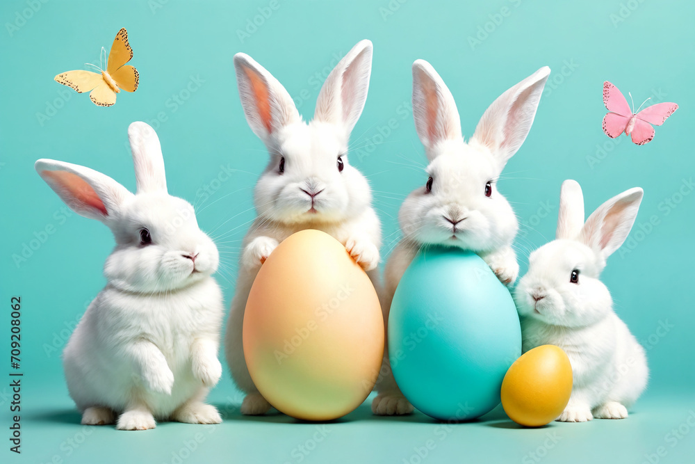 Fototapeta premium White fluffy bunnies sits on a color background next to eggs. Easter rabbits on colorful background. Cute pet studio shot. Generative Ai