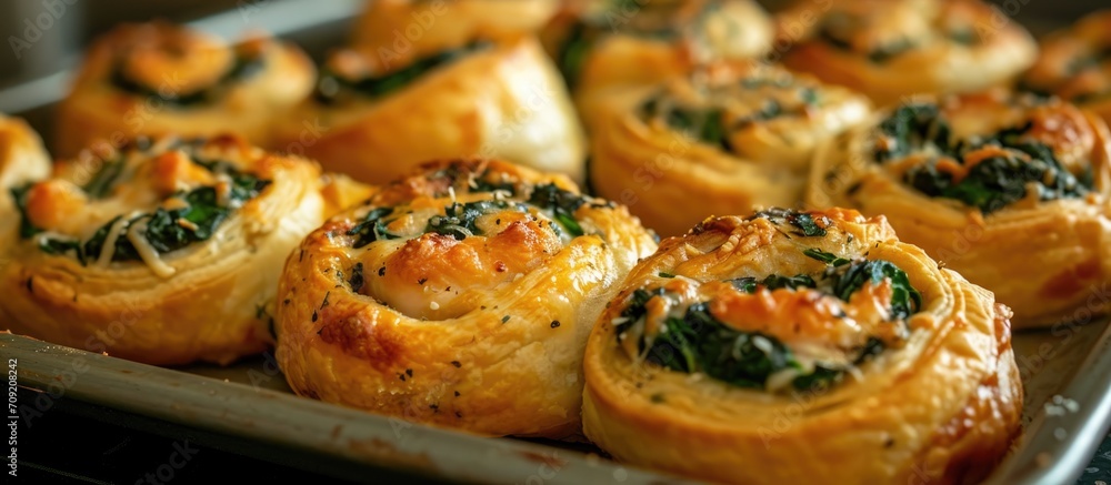 Homemade puff pastry pizza rolls with spinach, chicken, and cheese, taste delicious.