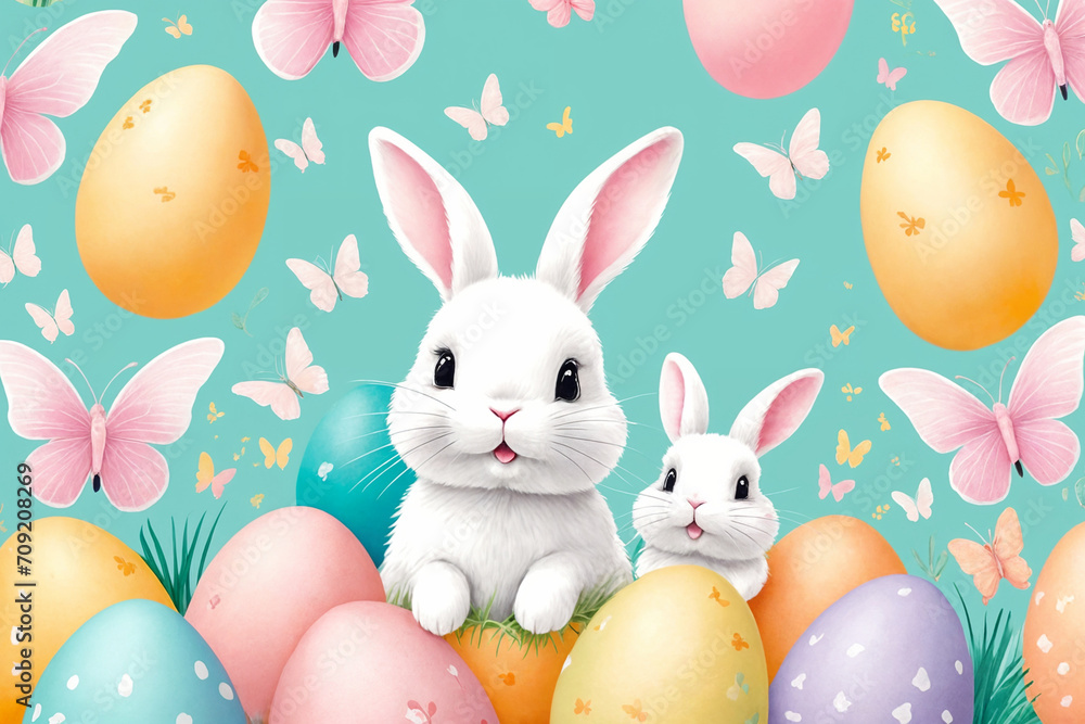 Obraz premium White fluffy bunnies sits on a color background next to eggs. Easter rabbits on colorful background. Cute pet studio shot. Generative Ai