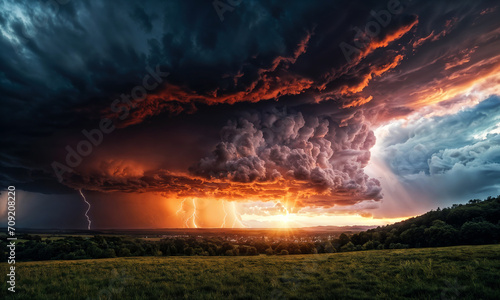 epic landscape with dark huge clouds and orange lightning