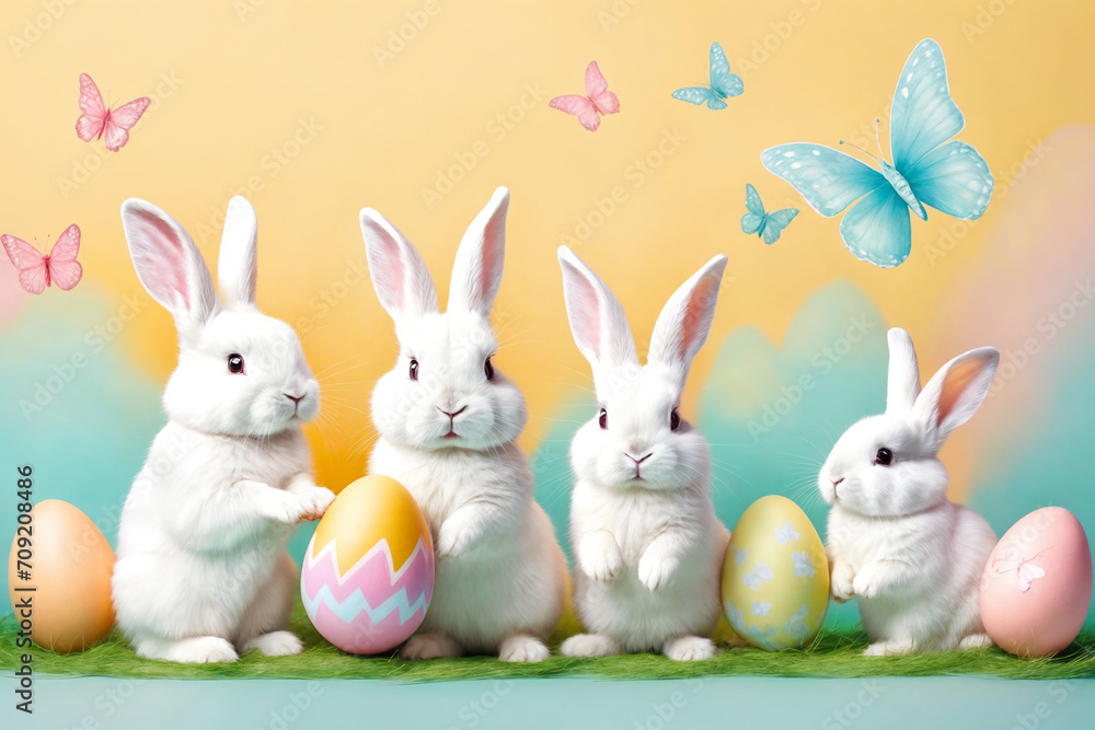 White fluffy bunnies sits on a color background next to eggs. Easter rabbits on colorful background. Cute pet studio shot. Generative Ai White fluffy bunnies sits on a color background next to eggs. Easter rabbits on colorful background. Cute pet studio shot. Generative Ai