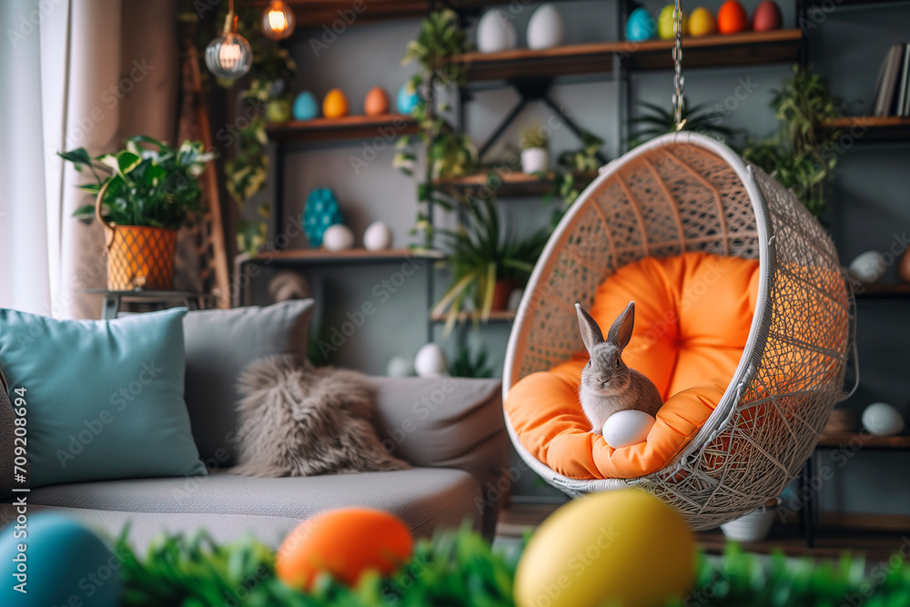easter decoration on a living room - obrazy, fototapety, plakaty 