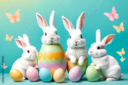 White fluffy bunnies sits on a color background next to eggs. Easter rabbits on colorful background. Cute pet studio shot. Generative Ai