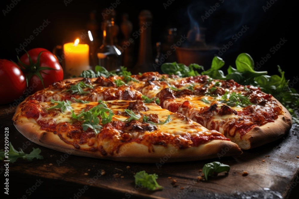 
Appetizing pizza in a restaurant with a romantic atmosphere with candles. Pizza in an Italian restaurant on a wooden board. Delicious pizza baked in the oven. Pizzeria advertising, pizza delivery.
