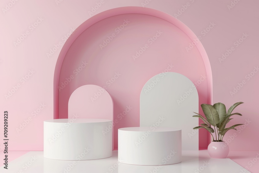 Minimal mock-up with podium for product display on abstract white geometry shape background for Valentine's Day