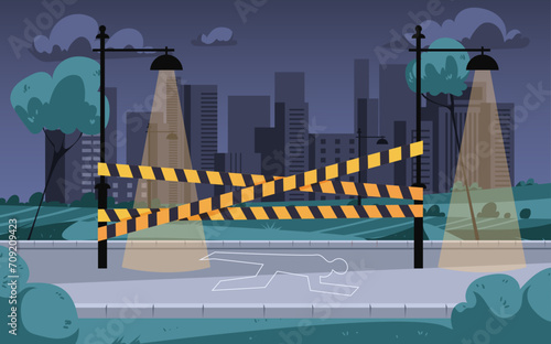 Crime scene with dead body silhouette. Crime street. Vector flat cartoon illustration